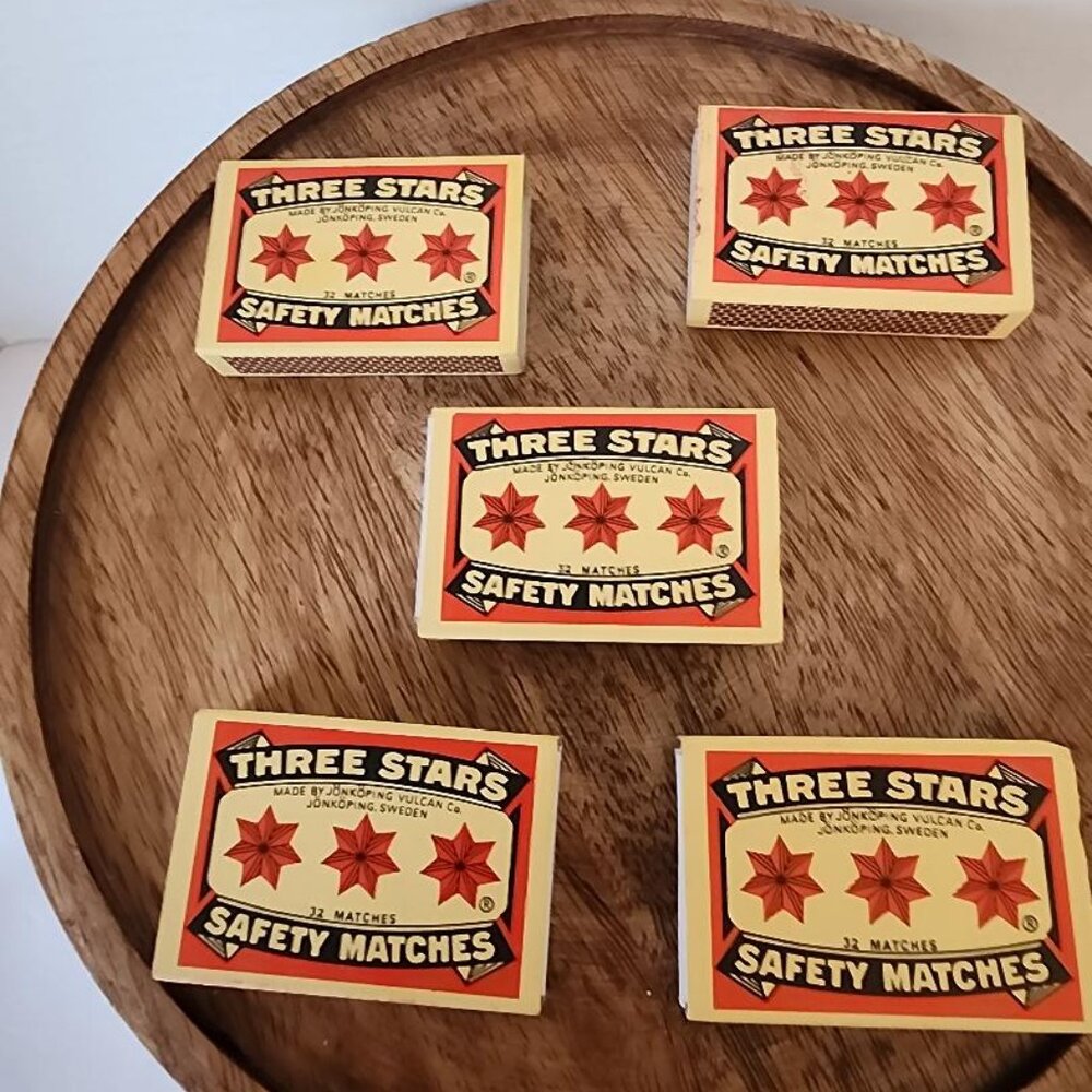 Vintage Match Box Three Stars Safety Matches Sweden 5-Boxed Matches